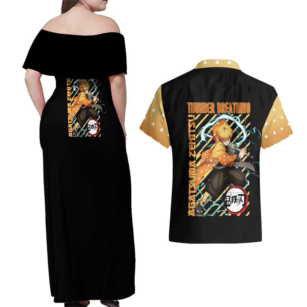 Agatsuma Zenitsu Demon Slayer Couples Matching Off Shoulder Maxi Dress and Hawaiian Shirt Anime Style