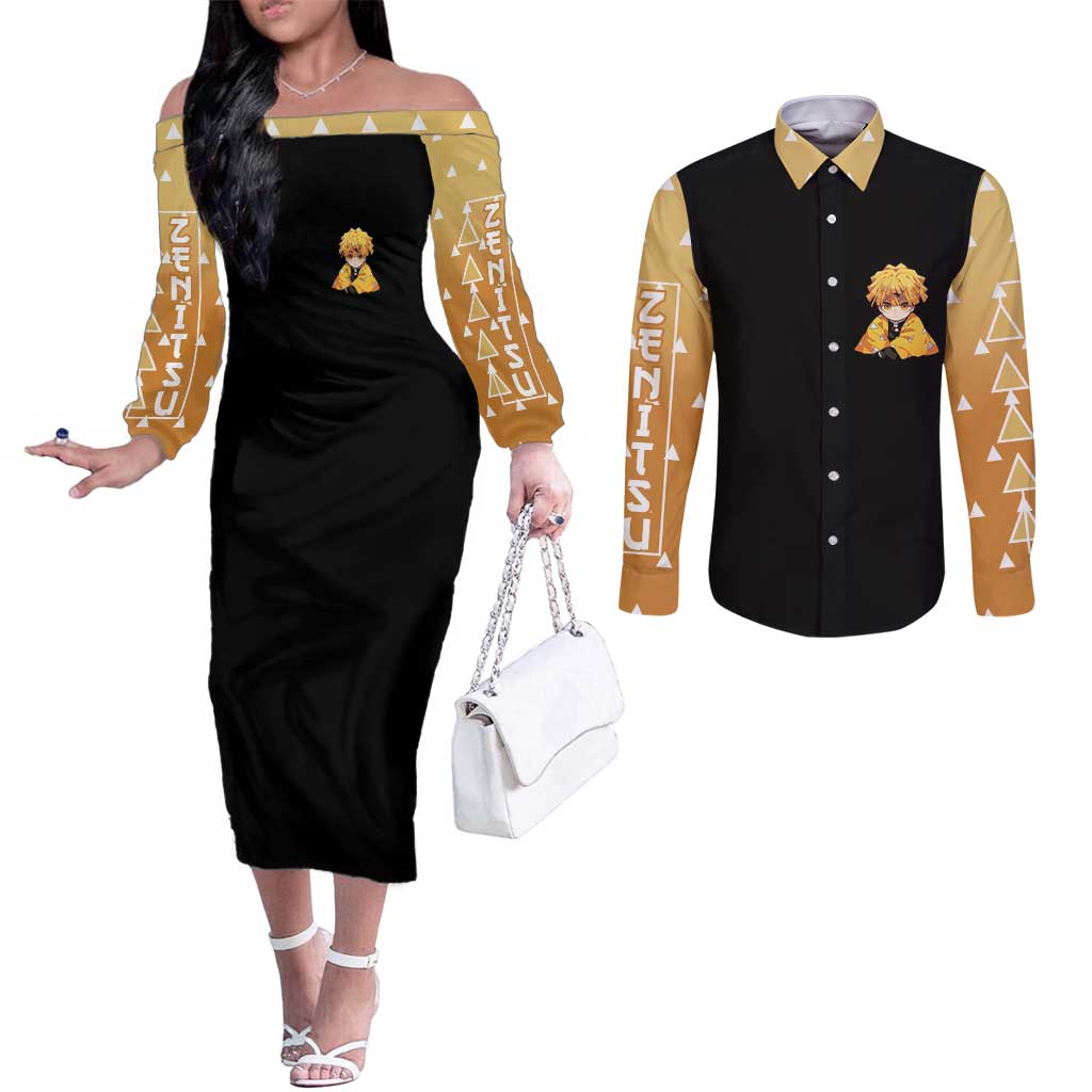 Agatsuma Zenitsu Demon Slayer Couples Matching Off The Shoulder Long Sleeve Dress and Long Sleeve Button Shirt Anime Style