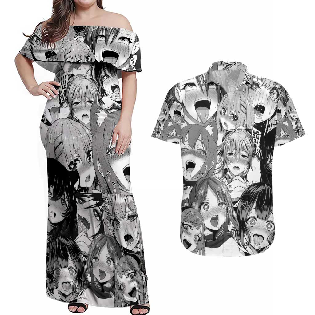 Ahegao Manga Collage Couples Matching Off Shoulder Maxi Dress and Hawaiian Shirt Anime Style
