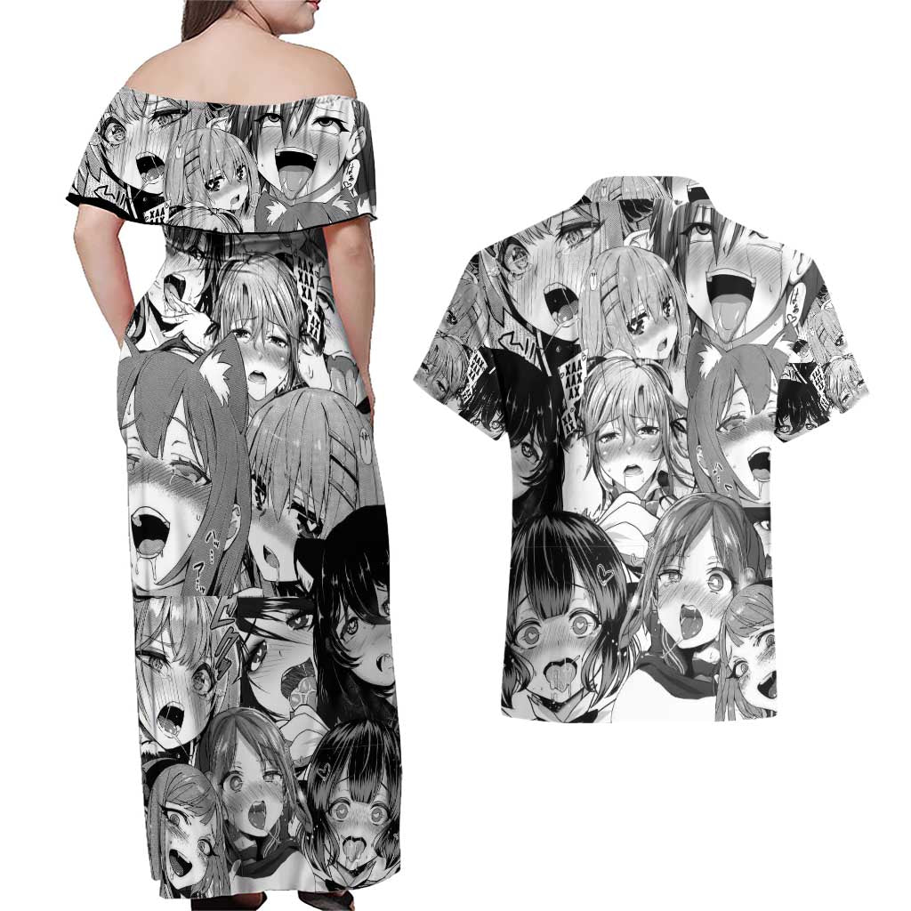 Ahegao Manga Collage Couples Matching Off Shoulder Maxi Dress and Hawaiian Shirt Anime Style