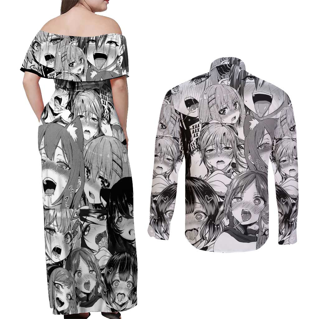 Ahegao Manga Collage Couples Matching Off Shoulder Maxi Dress and Long Sleeve Button Shirt Anime Style