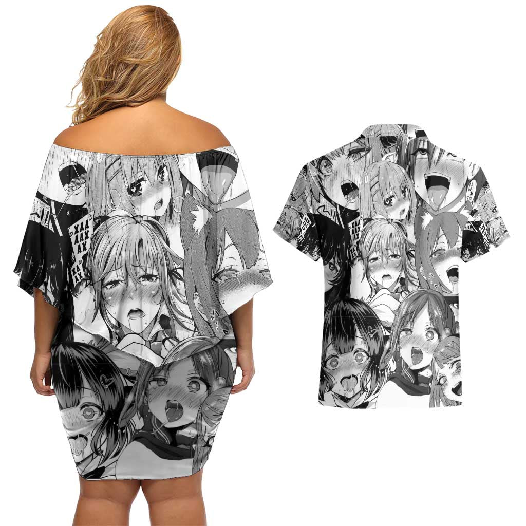 Ahegao Manga Collage Couples Matching Off Shoulder Short Dress and Hawaiian Shirt Anime Style