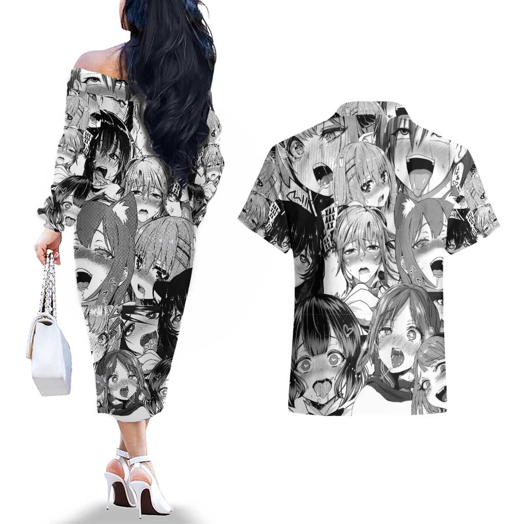 Ahegao Manga Collage Couples Matching Off The Shoulder Long Sleeve Dress and Hawaiian Shirt Anime Style