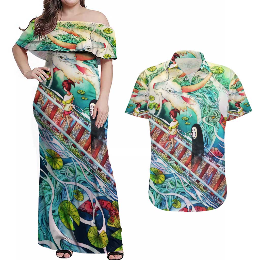 Mythical Spirited Away Studio Ghibli Couples Matching Off Shoulder Maxi Dress and Hawaiian Shirt Anime Style
