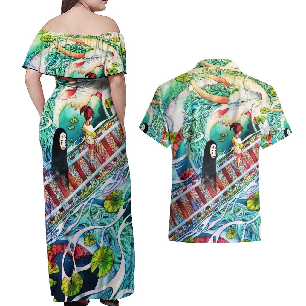 Mythical Spirited Away Studio Ghibli Couples Matching Off Shoulder Maxi Dress and Hawaiian Shirt Anime Style