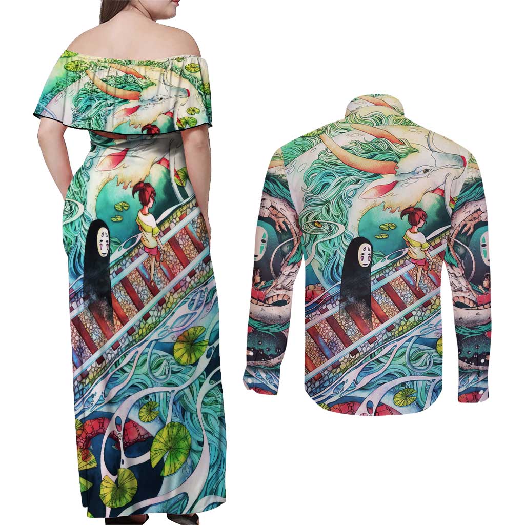 Mythical Spirited Away Studio Ghibli Couples Matching Off Shoulder Maxi Dress and Long Sleeve Button Shirt Anime Style