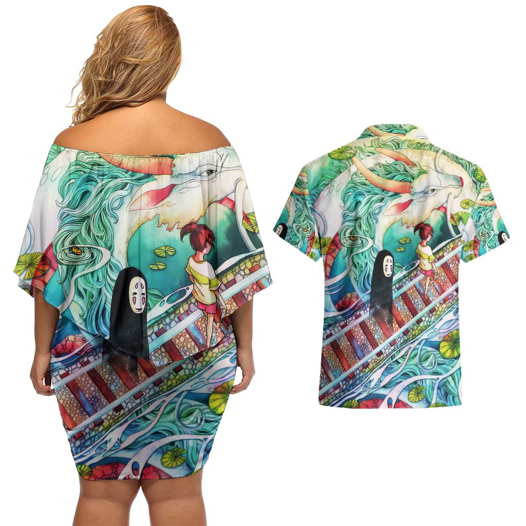 Mythical Spirited Away Studio Ghibli Couples Matching Off Shoulder Short Dress and Hawaiian Shirt Anime Style