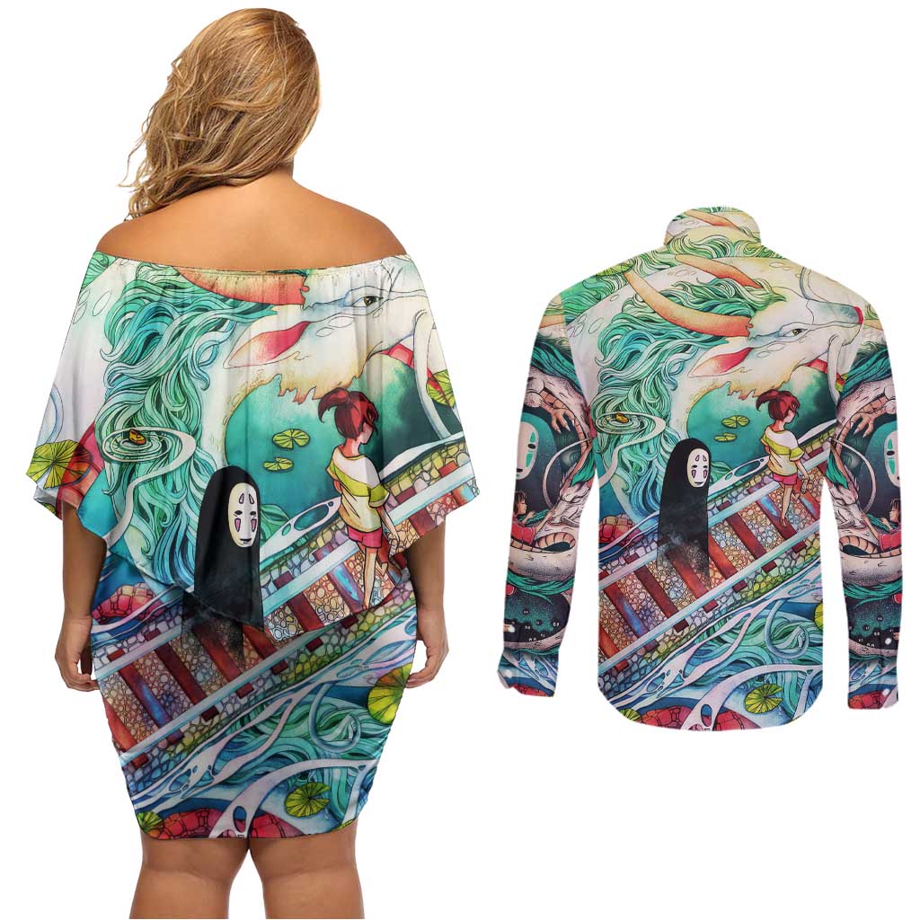 Mythical Spirited Away Studio Ghibli Couples Matching Off Shoulder Short Dress and Long Sleeve Button Shirt Anime Style