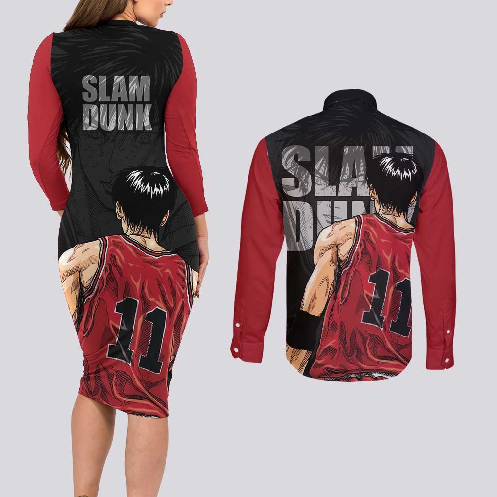 Rukawa Kaede - Slam Dunk Couples Matching Long Sleeve Bodycon Dress and Long Sleeve Button Shirt Anime Style