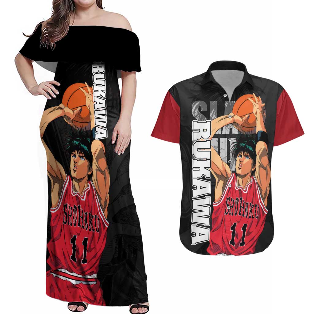 Rukawa Kaede - Slam Dunk Couples Matching Off Shoulder Maxi Dress and Hawaiian Shirt Anime Style