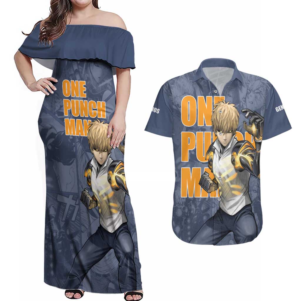 Genos - One Punch Man Couples Matching Off Shoulder Maxi Dress and Hawaiian Shirt Anime Style
