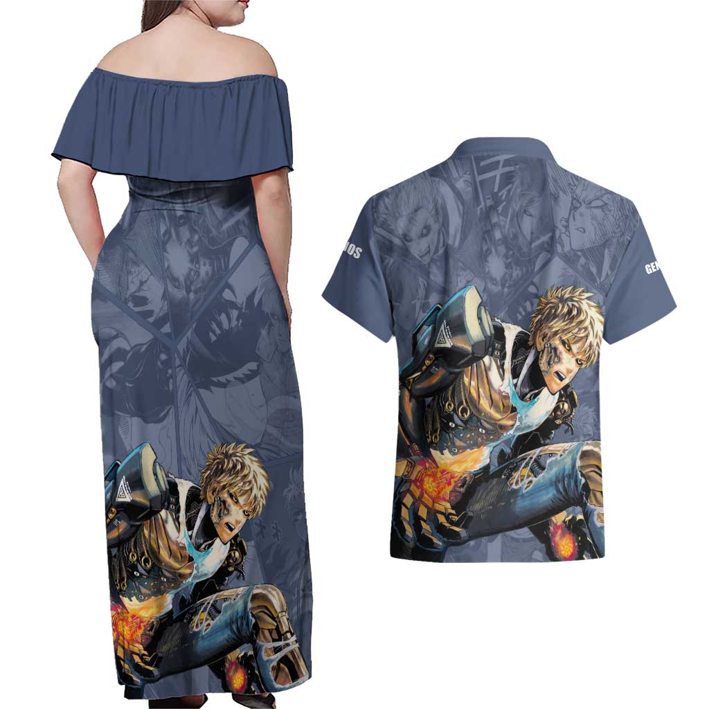Genos - One Punch Man Couples Matching Off Shoulder Maxi Dress and Hawaiian Shirt Anime Style