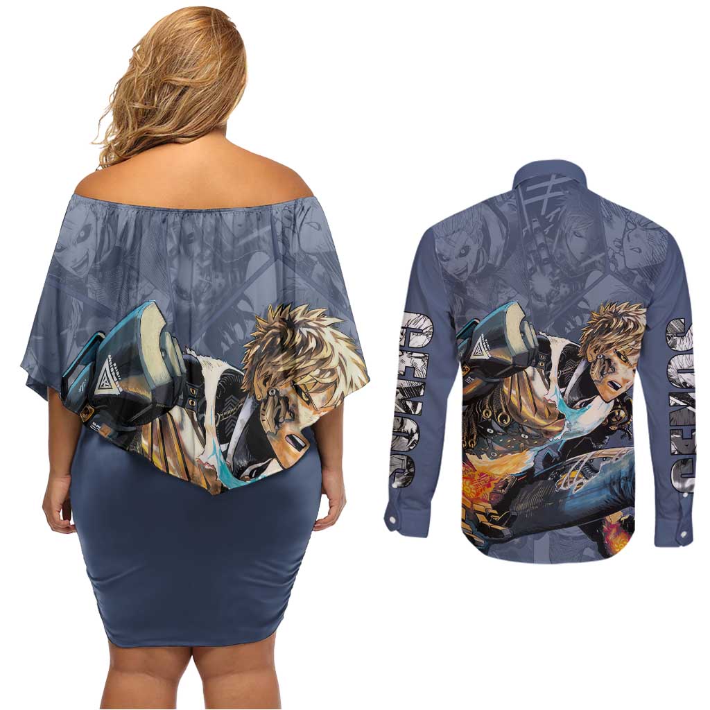 Genos - One Punch Man Couples Matching Off Shoulder Short Dress and Long Sleeve Button Shirt Anime Style
