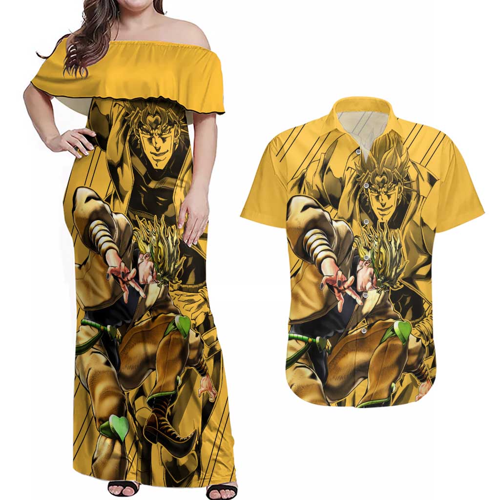 Dio Brando oJo's Bizarre Adventure Couples Matching Off Shoulder Maxi Dress and Hawaiian Shirt Anime Style