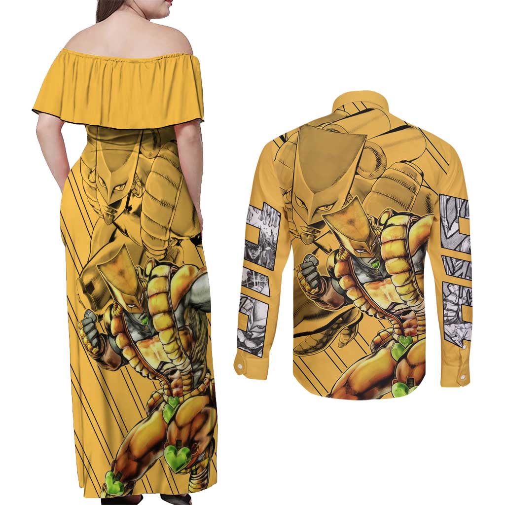 Dio Brando oJo's Bizarre Adventure Couples Matching Off Shoulder Maxi Dress and Long Sleeve Button Shirt Anime Style
