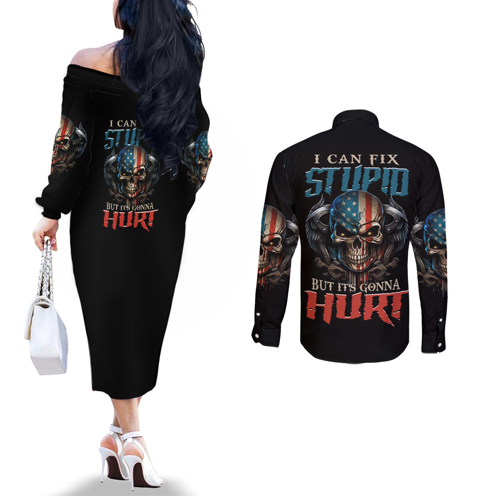 i-can-fix-stupid-but-its-gonna-hurt-couples-matching-off-the-shoulder-long-sleeve-dress-and-long-sleeve-button-shirt