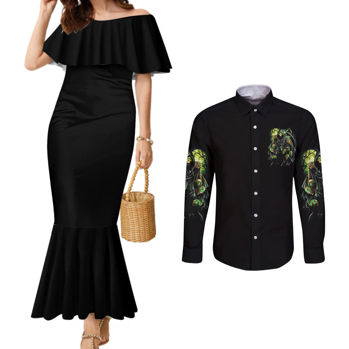 of-course-im-going-to-hell-skull-couples-matching-mermaid-dress-and-long-sleeve-button-shirt