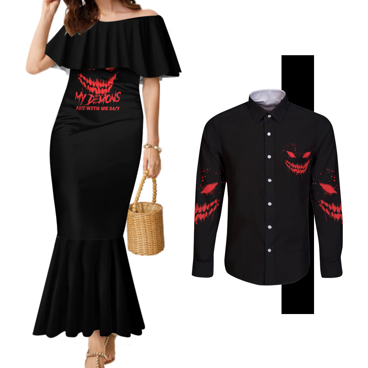 im-never-alone-my-demon-are-with-me-couples-matching-mermaid-dress-and-long-sleeve-button-shirt