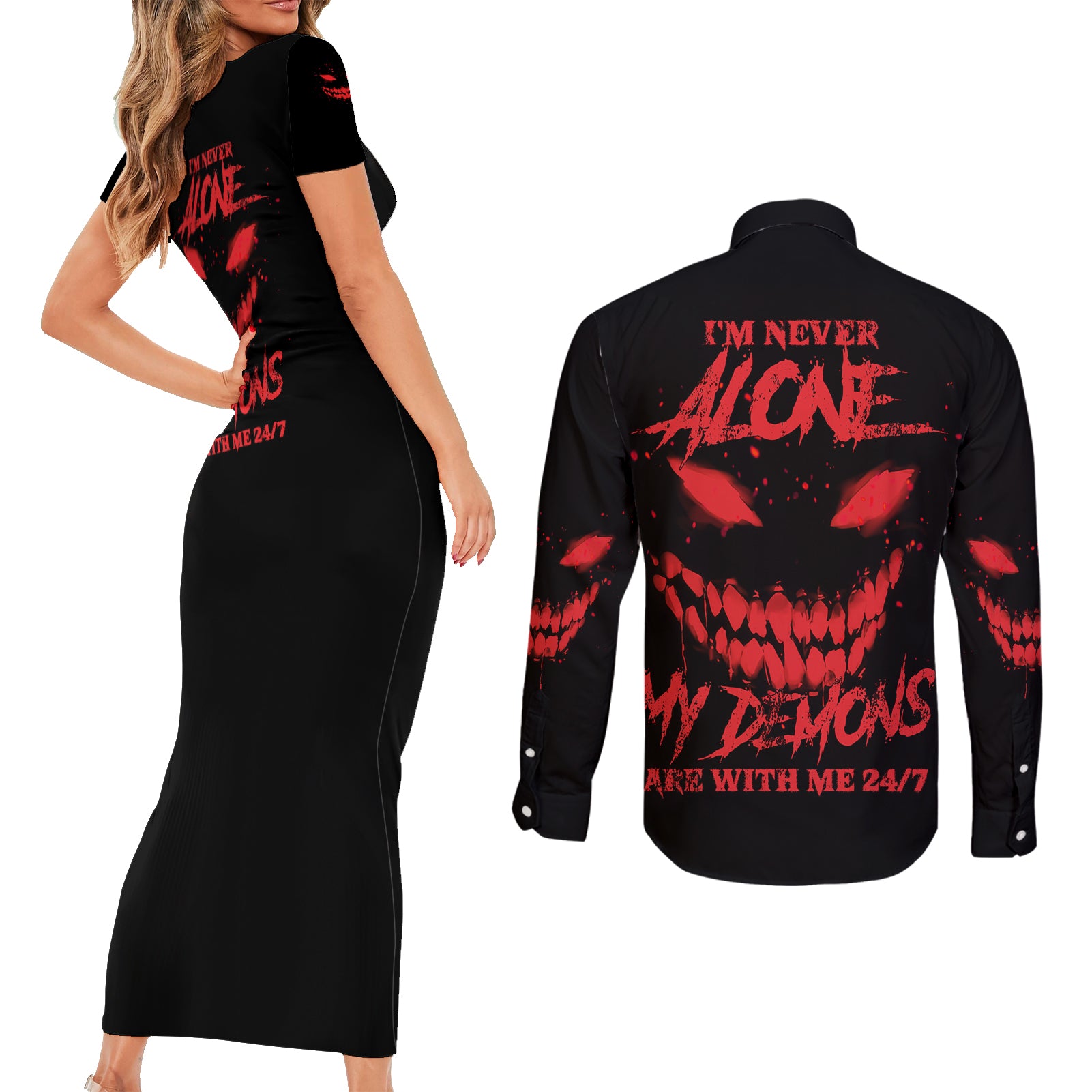 im-never-alone-my-demon-are-with-me-couples-matching-short-sleeve-bodycon-dress-and-long-sleeve-button-shirt