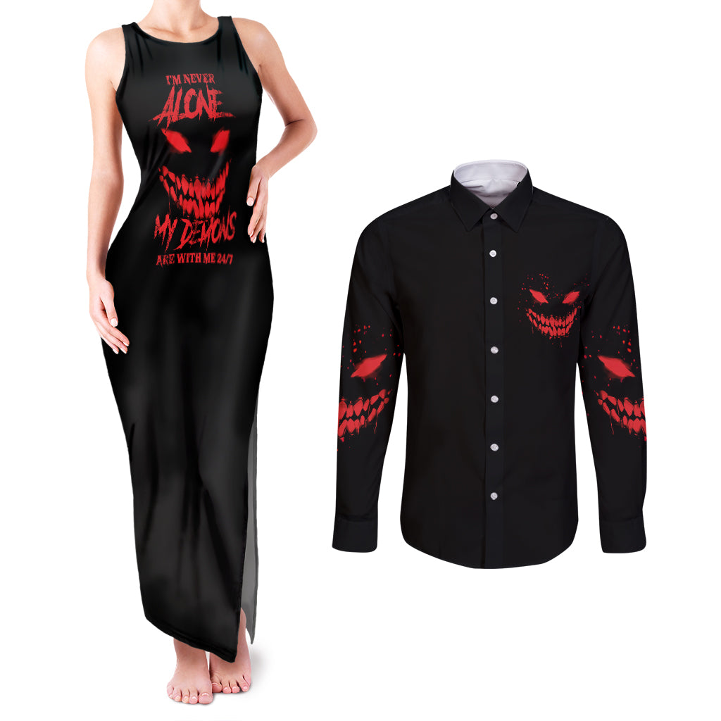 im-never-alone-my-demon-are-with-me-couples-matching-tank-maxi-dress-and-long-sleeve-button-shirt