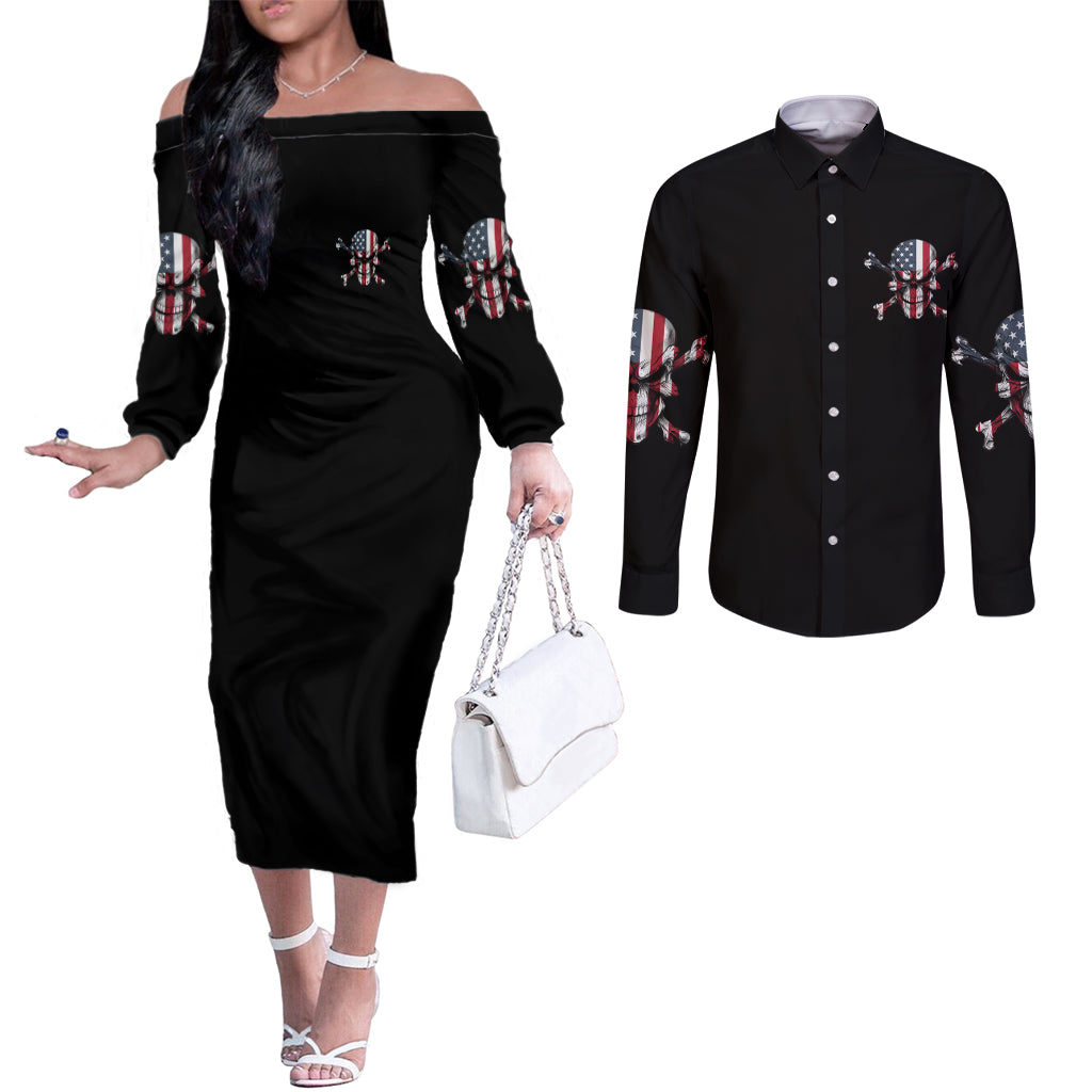 this-is-america-patriotic-skull-couples-matching-off-the-shoulder-long-sleeve-dress-and-long-sleeve-button-shirt