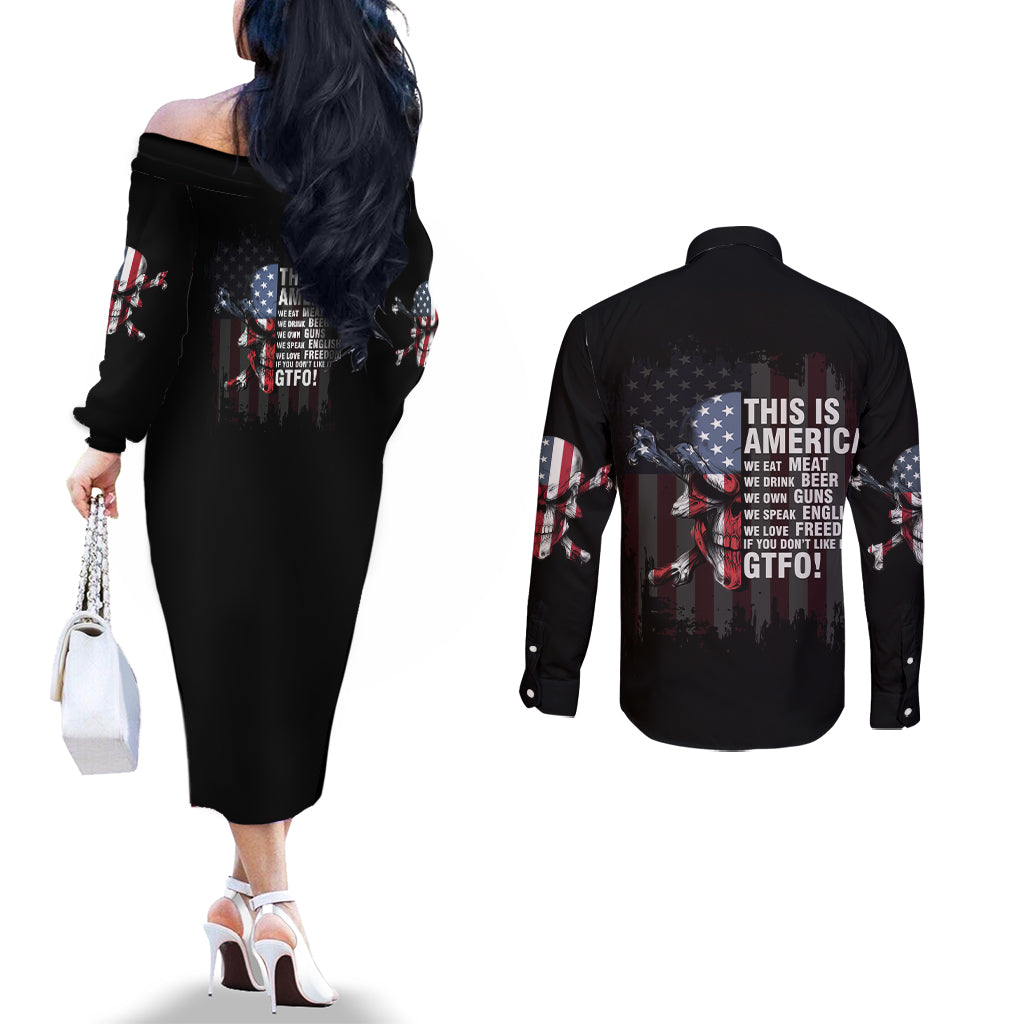 this-is-america-patriotic-skull-couples-matching-off-the-shoulder-long-sleeve-dress-and-long-sleeve-button-shirt