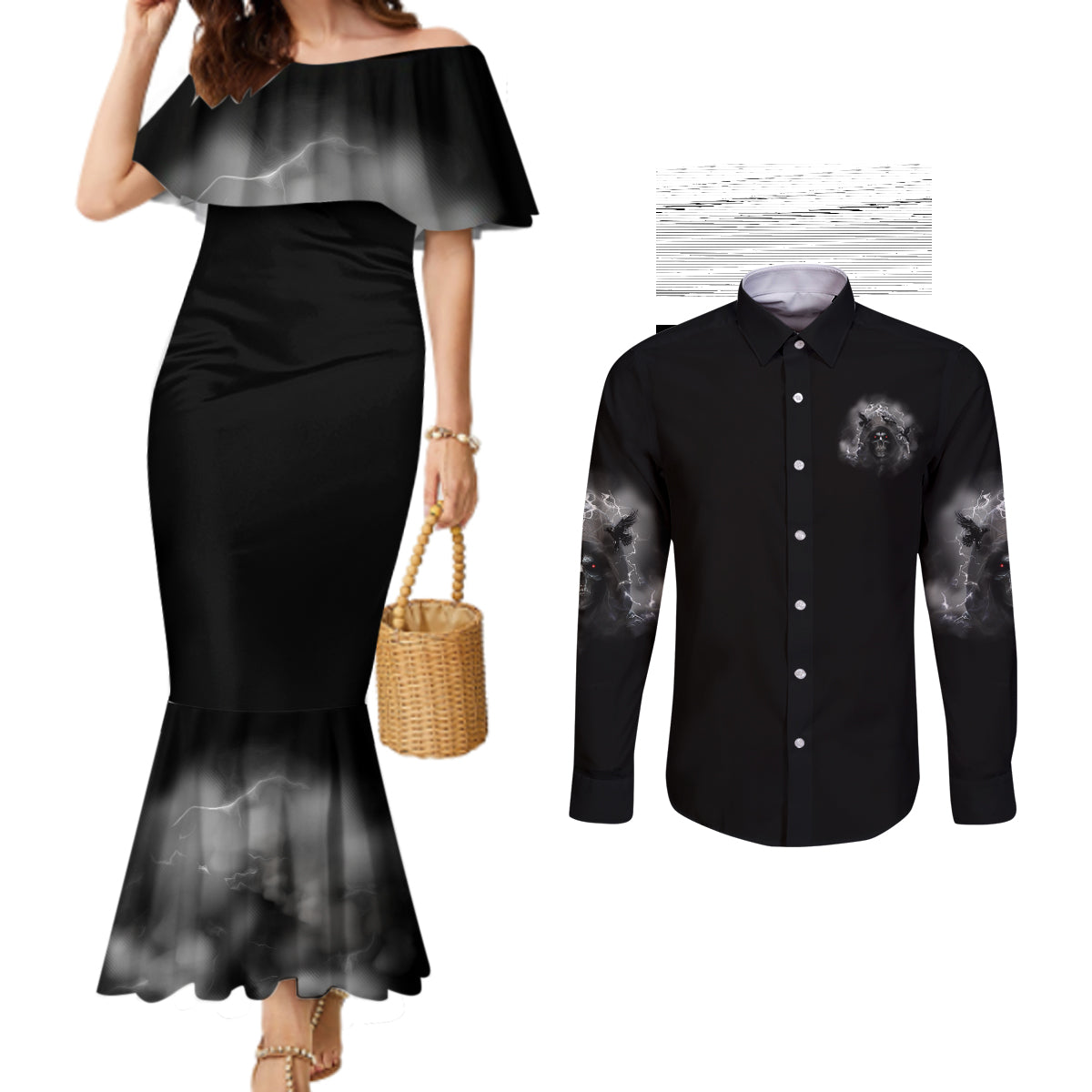 i-cant-go-to-hell-reaper-bat-couples-matching-mermaid-dress-and-long-sleeve-button-shirt