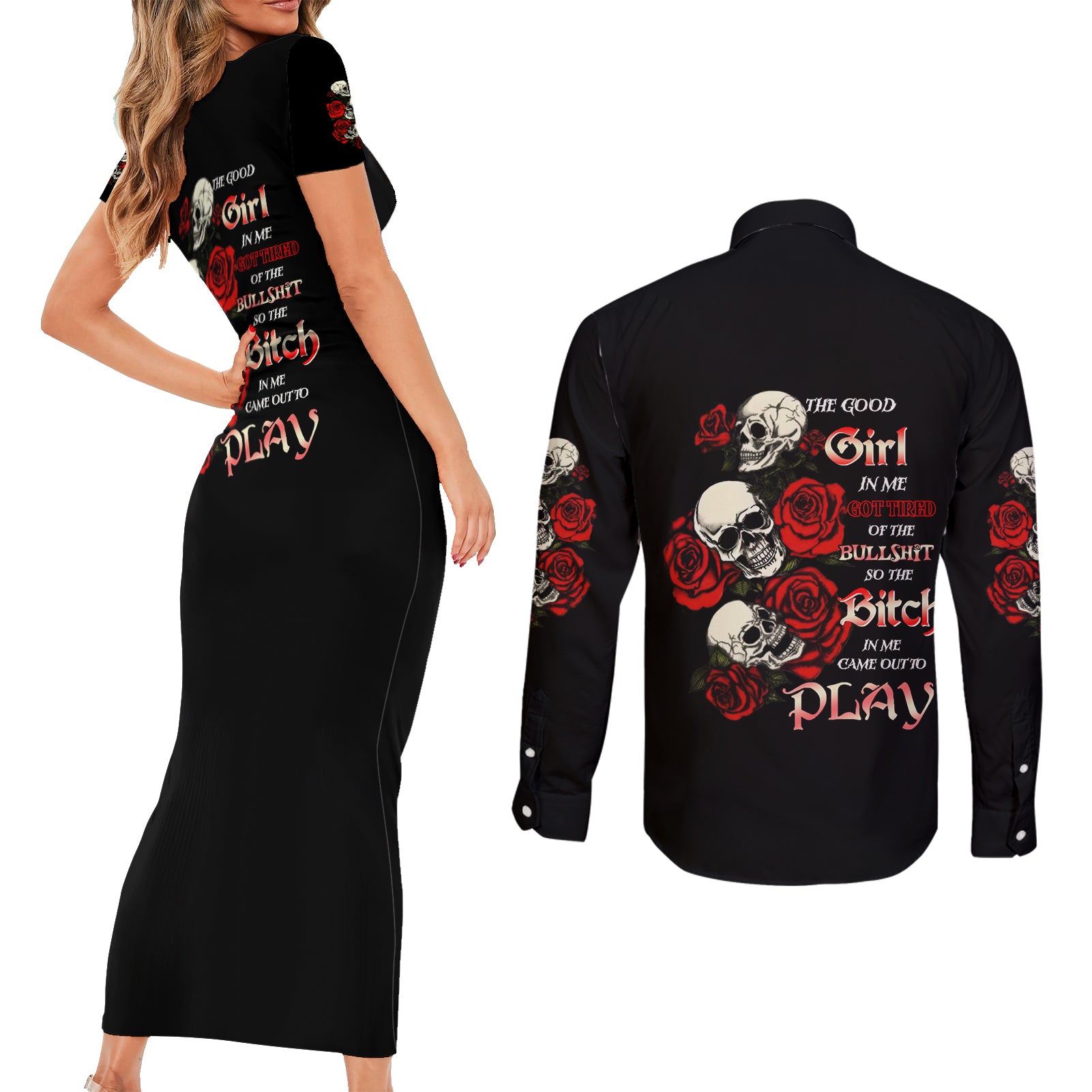 the-good-girl-in-me-3-skulls-rose-vintage-couples-matching-short-sleeve-bodycon-dress-and-long-sleeve-button-shirt