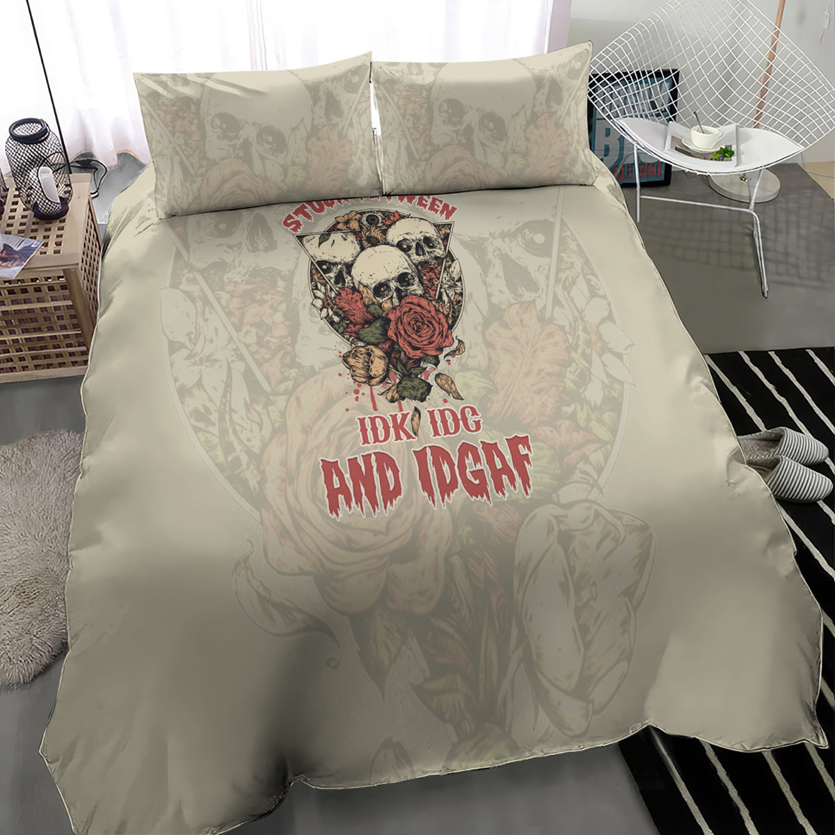stuck-between-idk-idc-and-idgaf-skull-bedding-set