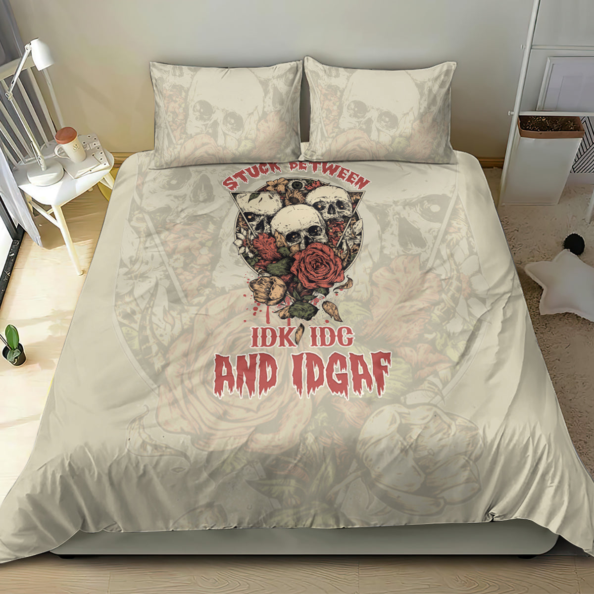 stuck-between-idk-idc-and-idgaf-skull-bedding-set