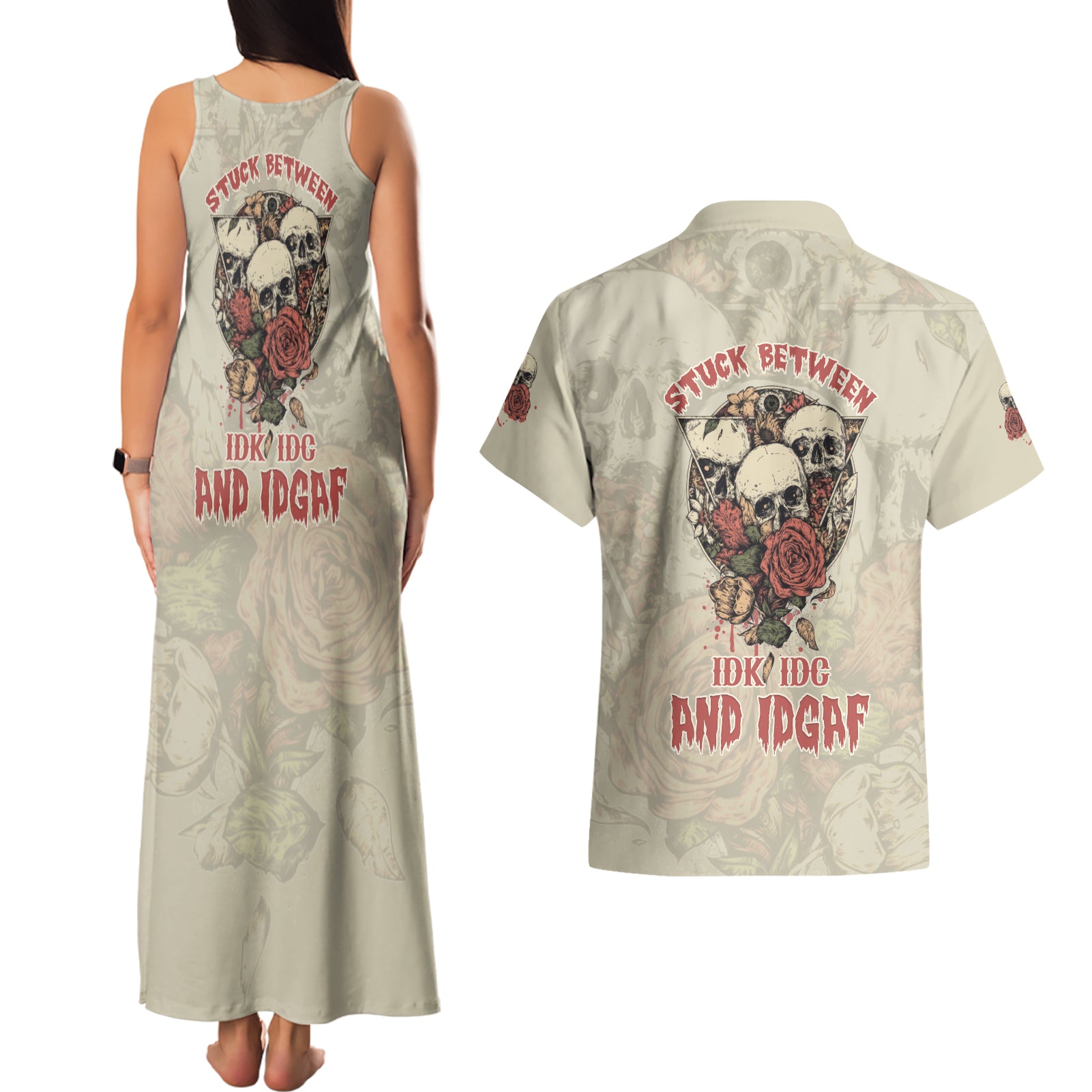 stuck-between-idk-idc-and-idgaf-skull-couples-matching-tank-maxi-dress-and-hawaiian-shirt
