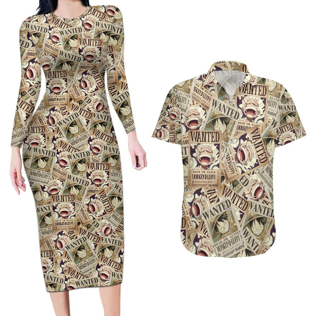 Luffy Wanted - One Piece Couples Matching Long Sleeve Bodycon Dress and Hawaiian Shirt Anime Style