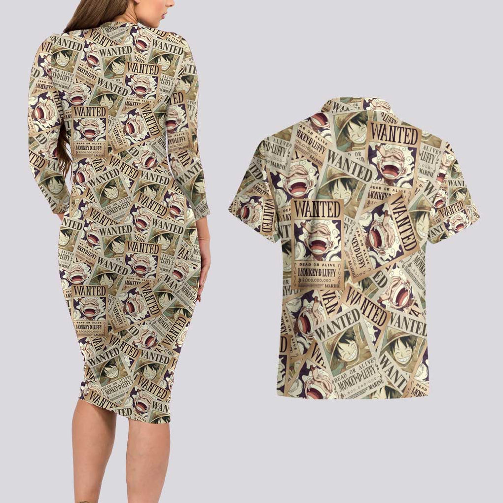 Luffy Wanted - One Piece Couples Matching Long Sleeve Bodycon Dress and Hawaiian Shirt Anime Style