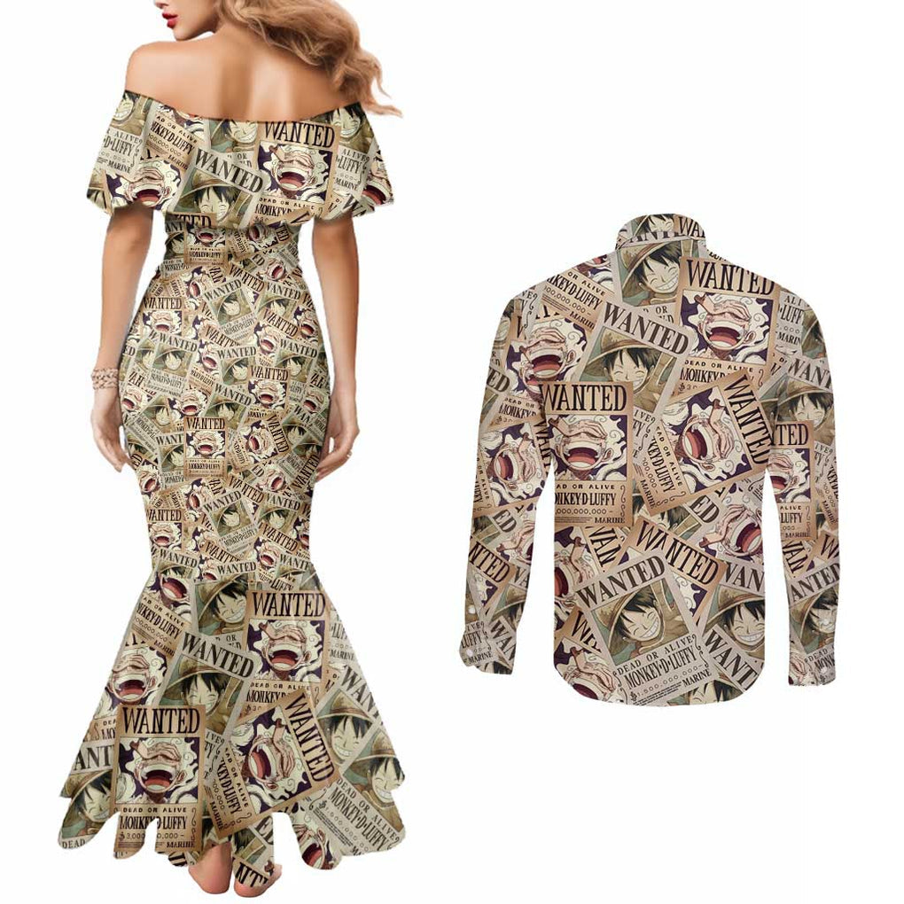 Luffy Wanted - One Piece Couples Matching Mermaid Dress and Long Sleeve Button Shirt Anime Style