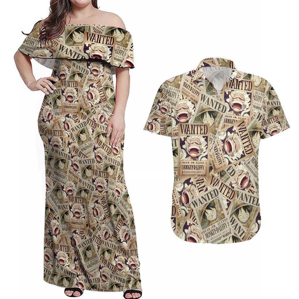 Luffy Wanted - One Piece Couples Matching Off Shoulder Maxi Dress and Hawaiian Shirt Anime Style
