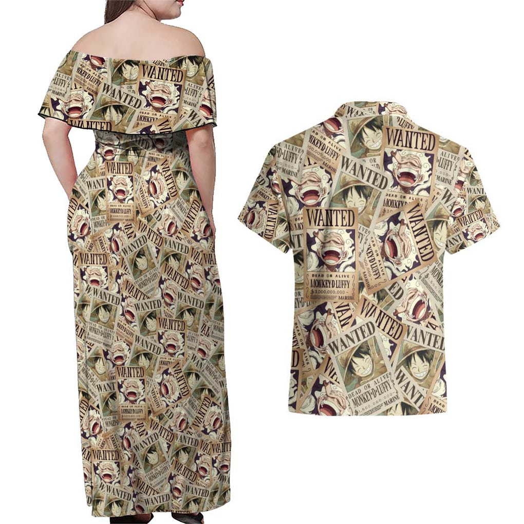 Luffy Wanted - One Piece Couples Matching Off Shoulder Maxi Dress and Hawaiian Shirt Anime Style