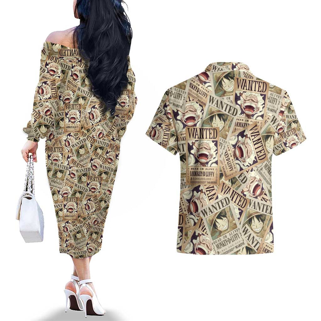 Luffy Wanted - One Piece Couples Matching Off The Shoulder Long Sleeve Dress and Hawaiian Shirt Anime Style