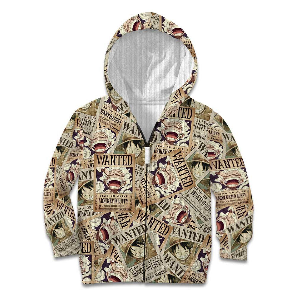 Luffy Wanted - One Piece Kid Hoodie Anime Style