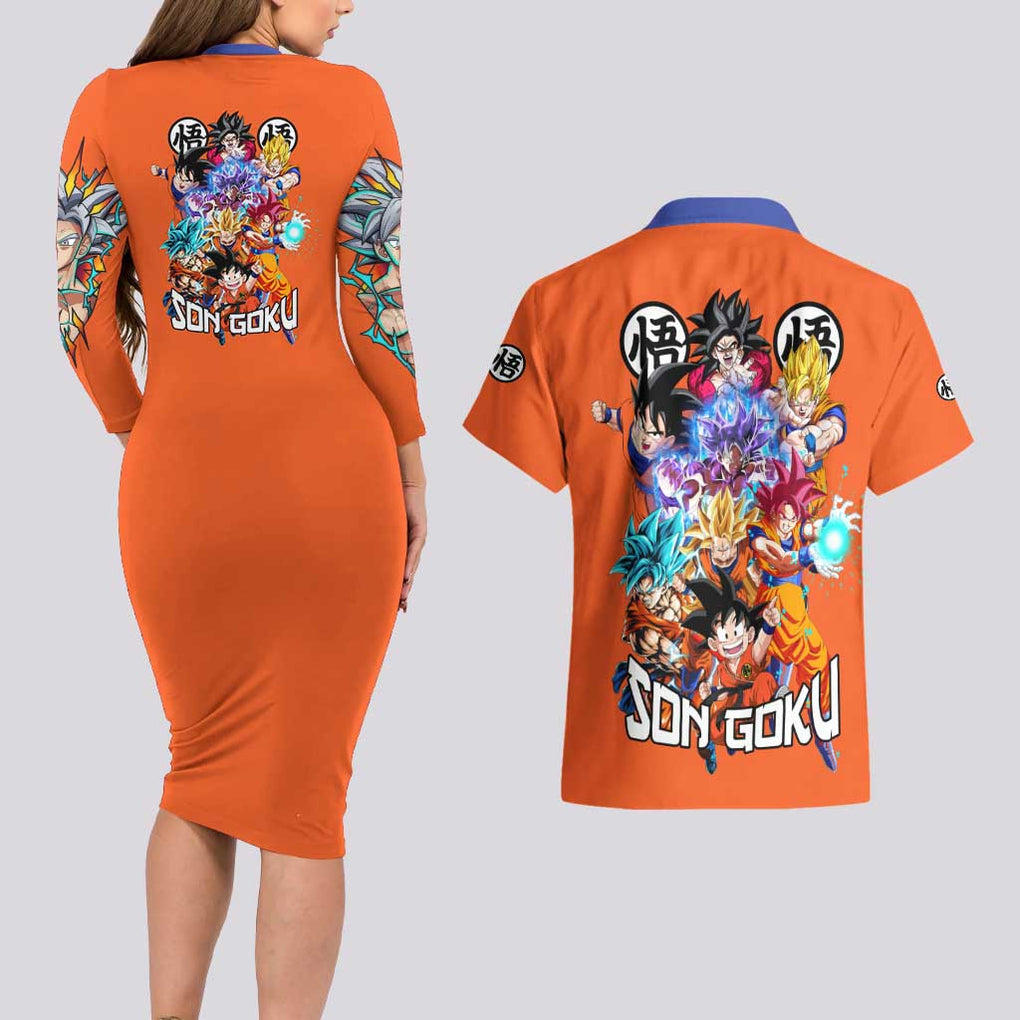 Son Goku V2 Dragon Ball Z Couples Matching Long Sleeve Bodycon Dress and Hawaiian Shirt Anime Style
