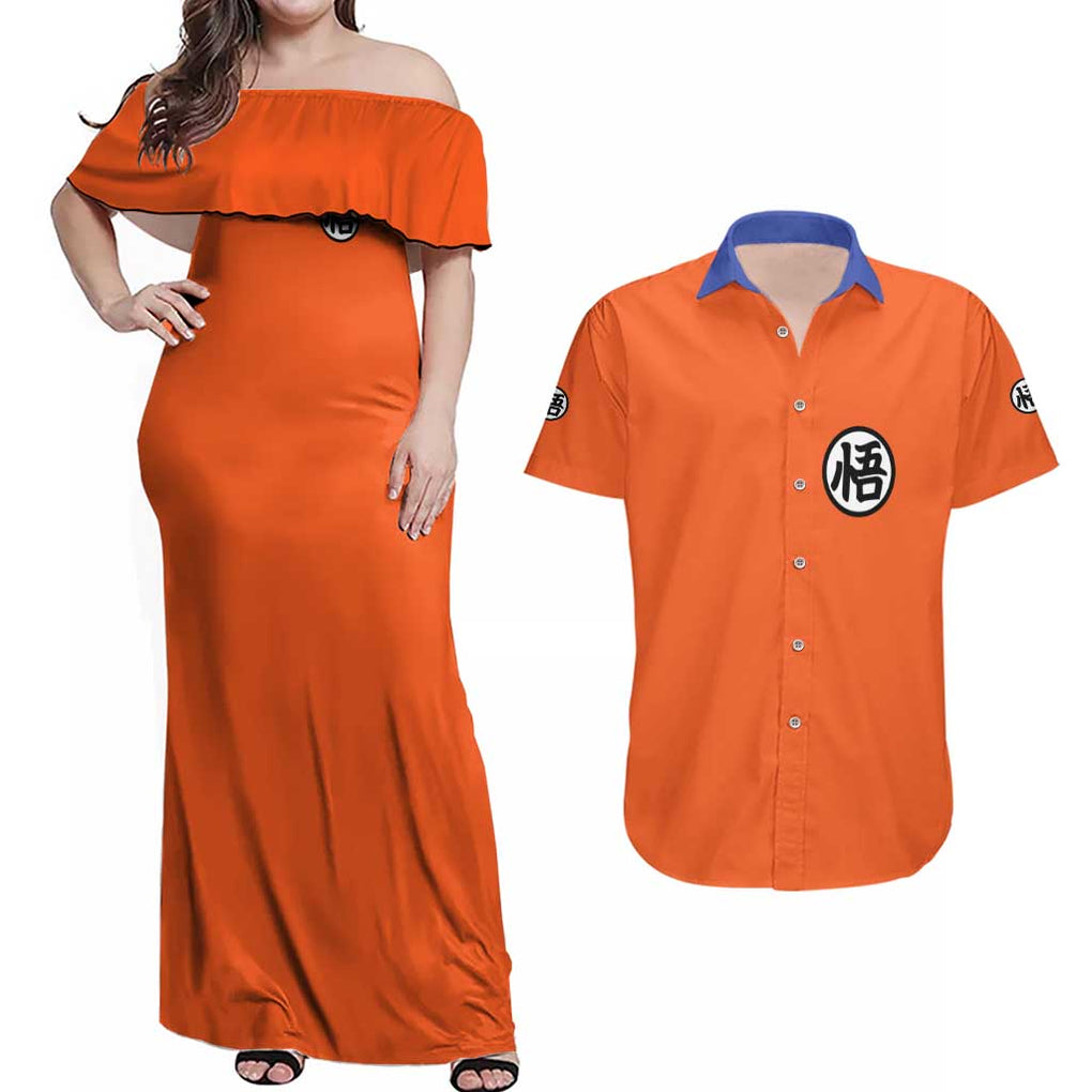 Son Goku V2 Dragon Ball Z Couples Matching Off Shoulder Maxi Dress and Hawaiian Shirt Anime Style