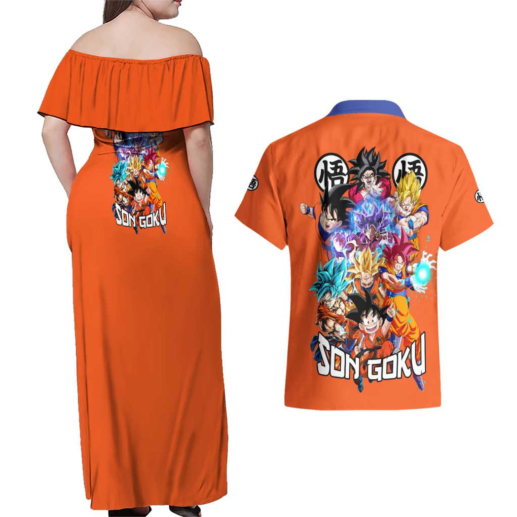 Son Goku V2 Dragon Ball Z Couples Matching Off Shoulder Maxi Dress and Hawaiian Shirt Anime Style