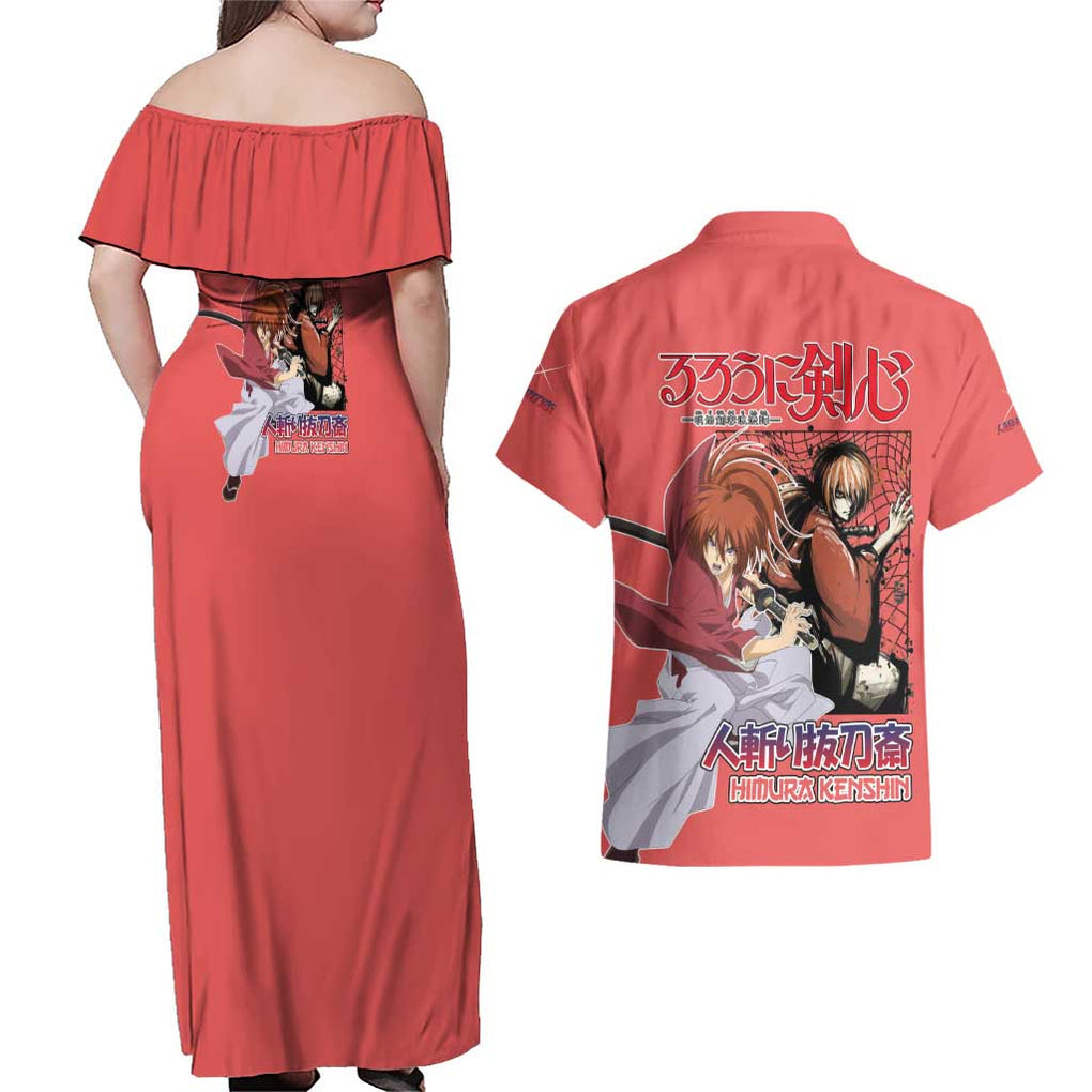 Himura Rurouni Kenshin S Couples Matching Off Shoulder Maxi Dress and Hawaiian Shirt Anime Style