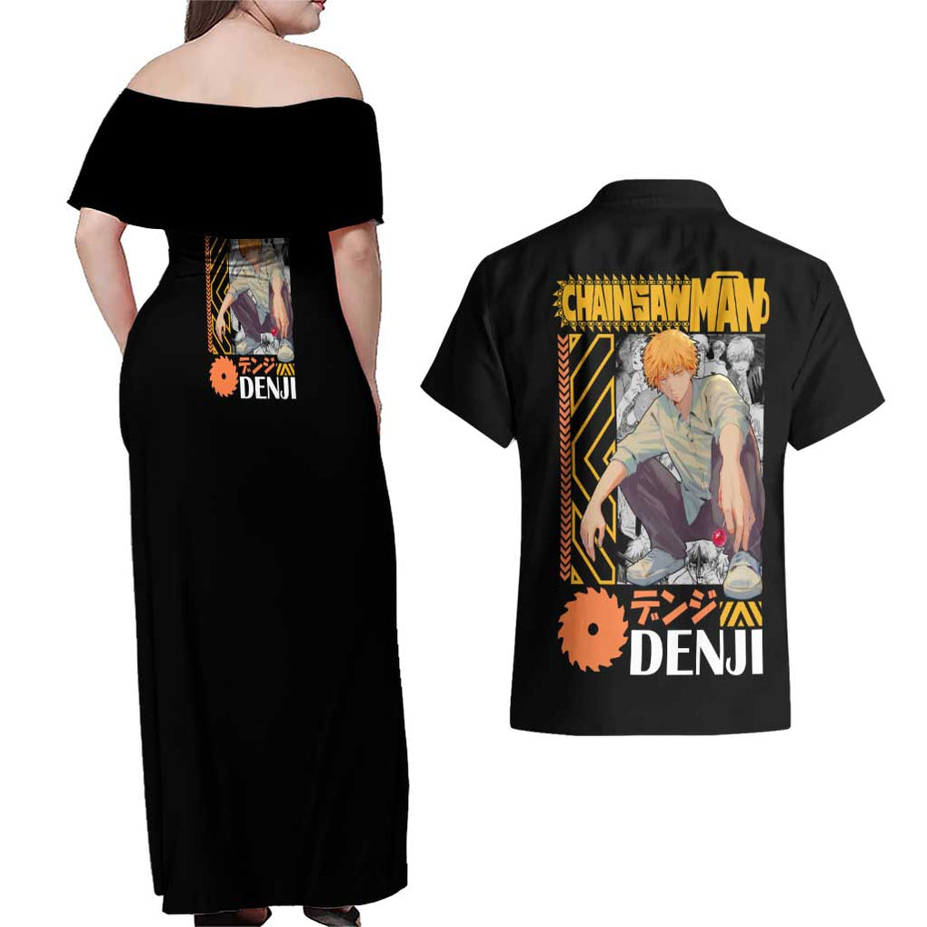 Denji V2 Chainsaw Man Couples Matching Off Shoulder Maxi Dress and Hawaiian Shirt Anime Style