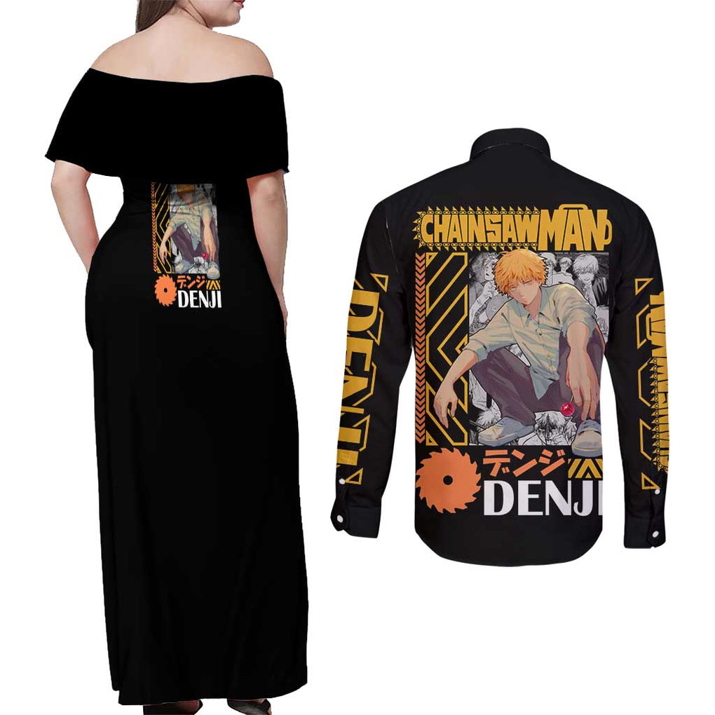 Denji V2 Chainsaw Man Couples Matching Off Shoulder Maxi Dress and Long Sleeve Button Shirt Anime Style