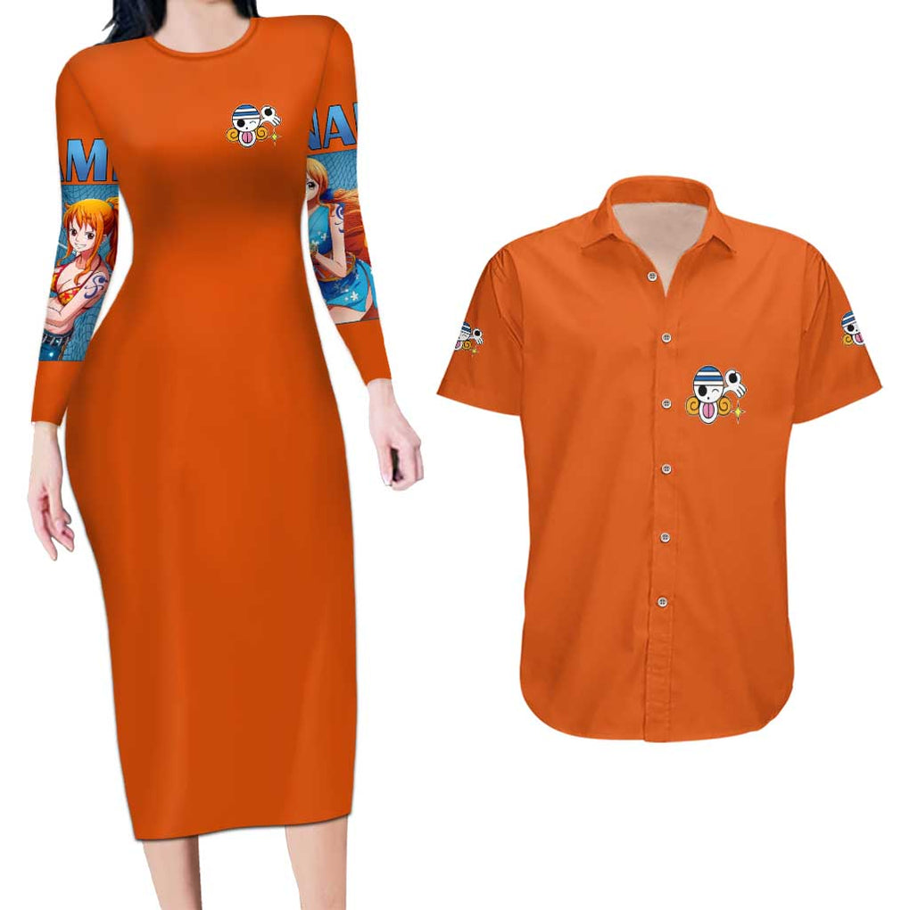 Nami V2 One Piece Couples Matching Long Sleeve Bodycon Dress and Hawaiian Shirt Anime Style