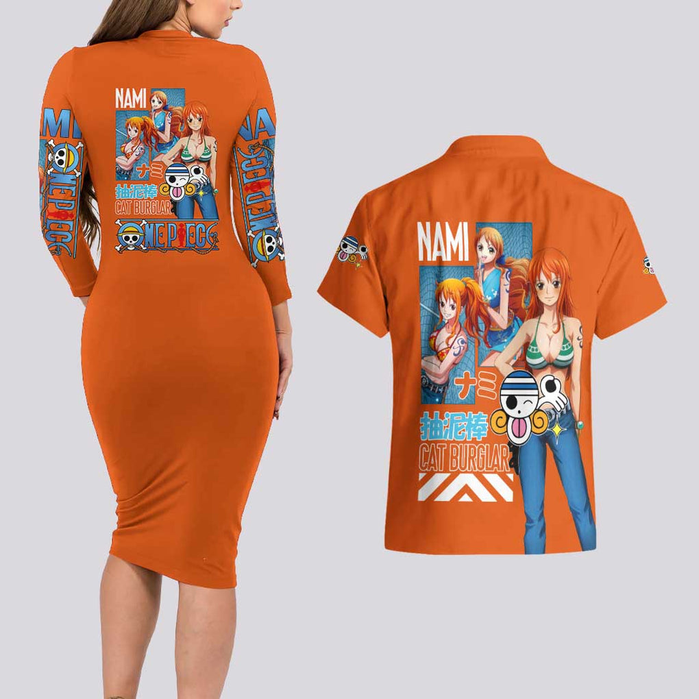 Nami V2 One Piece Couples Matching Long Sleeve Bodycon Dress and Hawaiian Shirt Anime Style