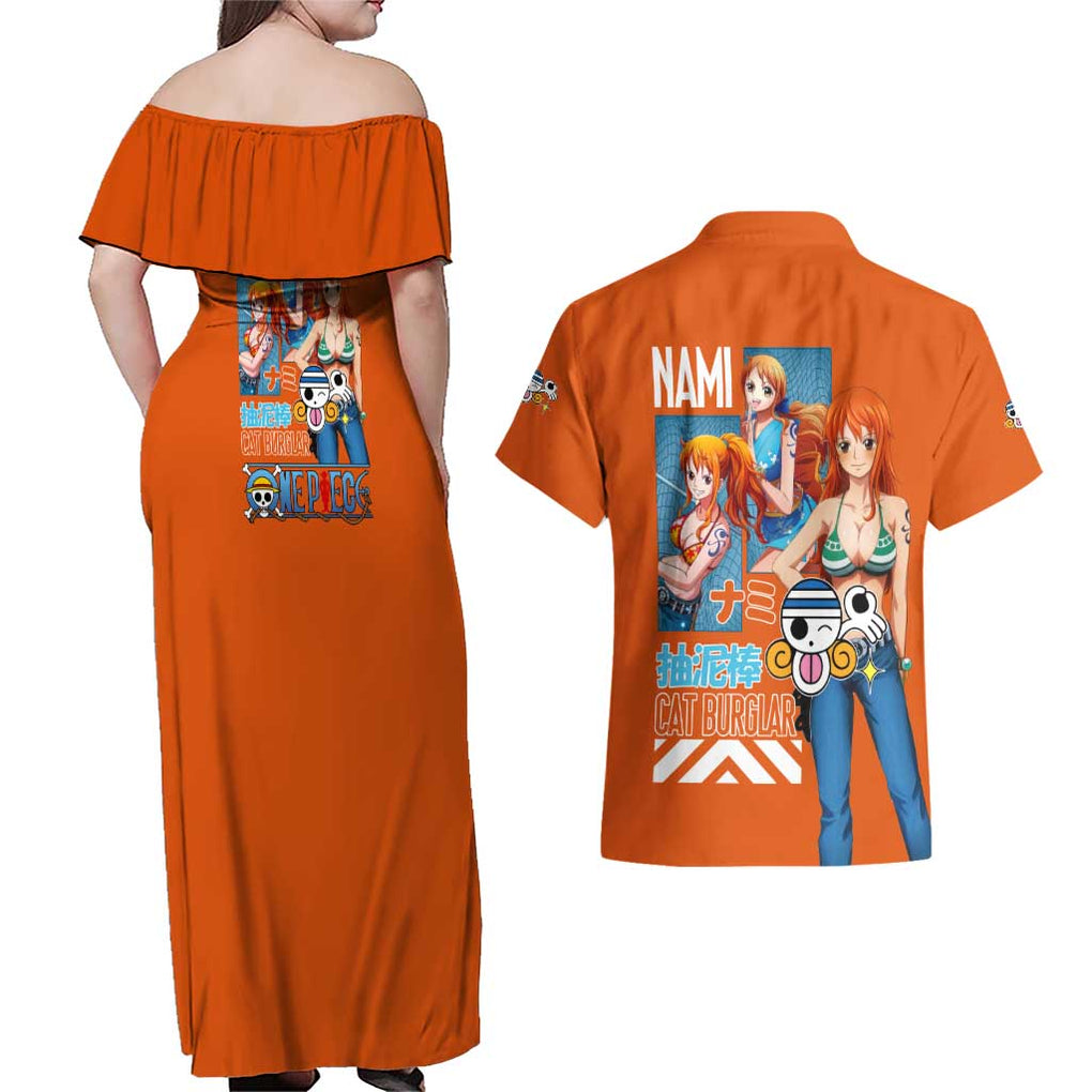 Nami V2 One Piece Couples Matching Off Shoulder Maxi Dress and Hawaiian Shirt Anime Style