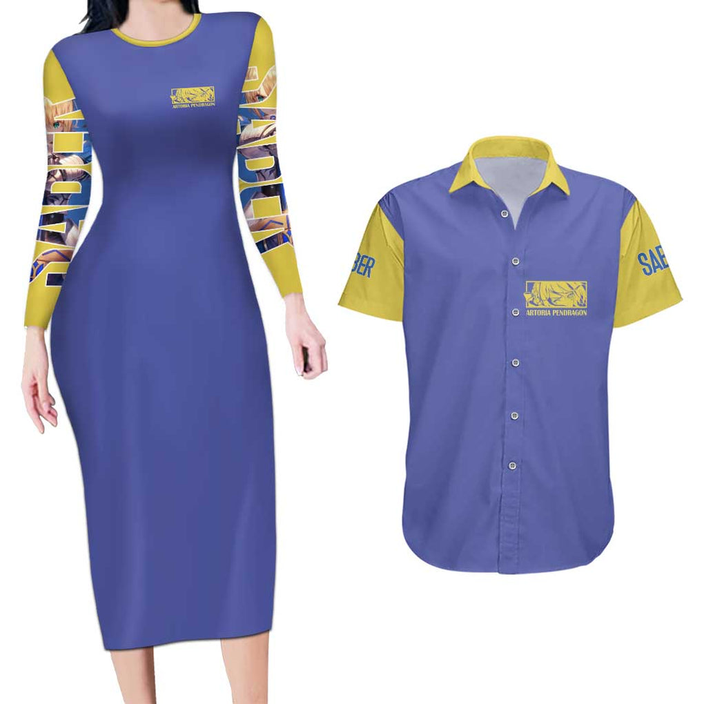 Saber Fate Stay Night Unlimited Blade Works Couples Matching Long Sleeve Bodycon Dress and Hawaiian Shirt Anime Style