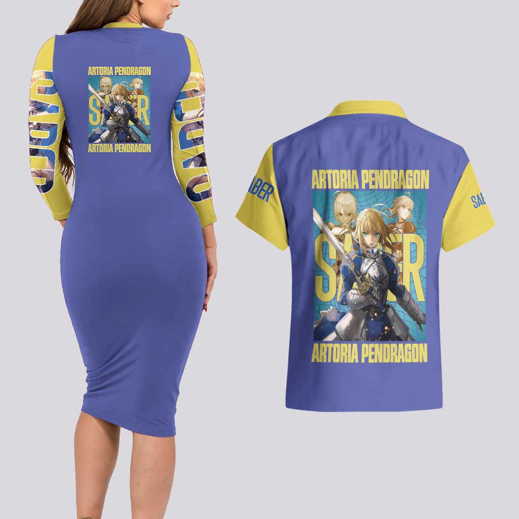 Saber Fate Stay Night Unlimited Blade Works Couples Matching Long Sleeve Bodycon Dress and Hawaiian Shirt Anime Style