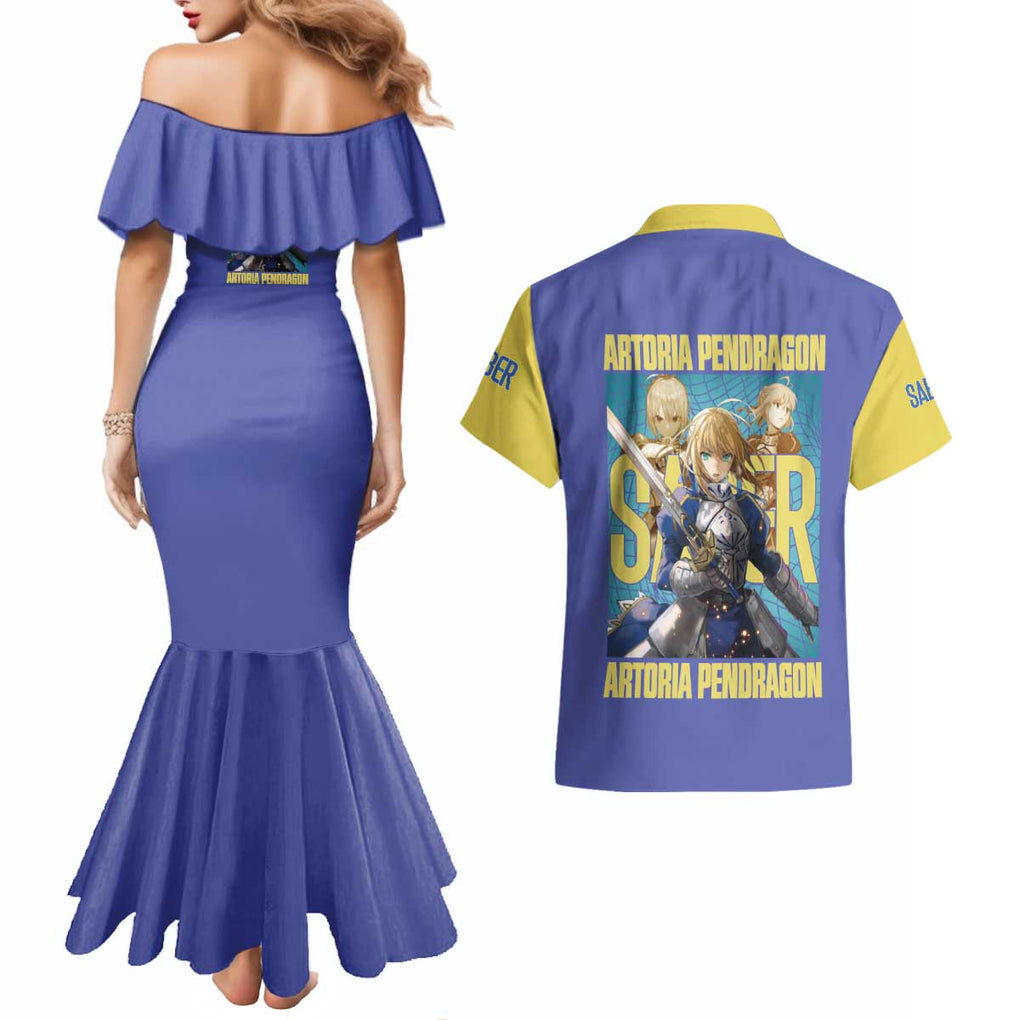 Saber Fate Stay Night Unlimited Blade Works Couples Matching Mermaid Dress and Hawaiian Shirt Anime Style